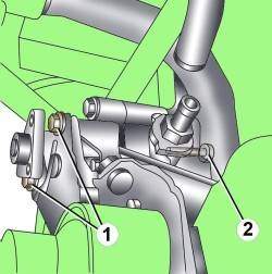 Расположение болтов (1 и 2) крепления насоса гидроусилителя рулевого управления на автомобилях с четырехцилиндровыми двигателями