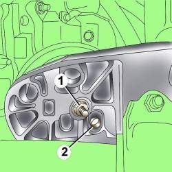 Расположение гайки (1) крепления и установочной втулки (2) опоры двигателя