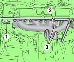 Расположение болтов крепления подводящего маслопровода (1 и 2) и турбокомпрессора (3)