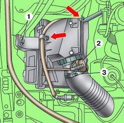 Расположение болта (1) крепления корпуса воздушного фильтра, электрического разъема (2), воздушного патрубка (3) и зажимов крепления проводов на двигателях AVF и AWX