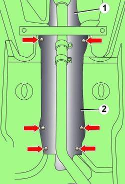 Расположение болтов крепления передней (1) и основной (2) секций термозащитного экрана