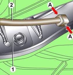 Расположение фиксирующих язычков (А) крепления троса (2) стояночного тормоза к рычагу (1)