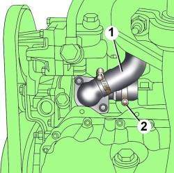 Места подсоединения шлангов системы охлаждения (1 и 2) на автомобилях с бензиновыми двигателями 1,8 л