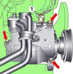 Расположение электрического разъема (1) и болтов крепления компрессора кондиционера