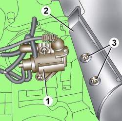 Расположение винтов (3) крепления кожуха (2) и электромагнитного клапана ограничения давления наддува