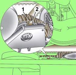 Совмещение меток 1 и 2 при правильном натяжении зубчатого ремня привода топливного насоса на шестицилиндровом дизельном двигателе
