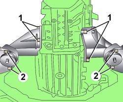 Расположение болтов крепления опор коробки передач к коробке передач (1) и к резиновым подушкам (2) на автомобилях с шестицилиндровыми двигателями