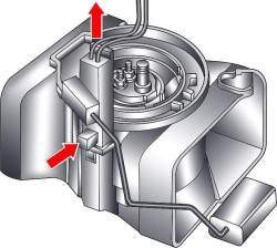 Расположение фиксатора и направление снятия датчика уровня топлива с блока подачи топлива