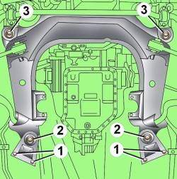 Расположение болтов крепления передней (3) и задней (1 и 2) частей подмоторной рамы