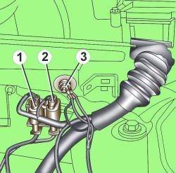 Расположение гайки крепления провода «массы» (3) и электрических разъемов (1 и 2)