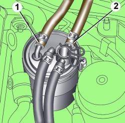 Расположение подающего (1) и возвратного (2) топливных шлангов на топливном фильтре