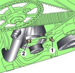 Расположение болтов (1 и 2) крепления генератора на автомобилях с шестицилиндровыми дизельными двигателями