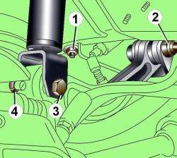 Расположение гайки крепления (1) топливного бака, гайки крепления (2) поперечного рычага, болта крепления (3) амортизатора и эксцентрикового болта (4)