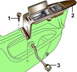 Расположение болта (1) крепления нижней секции накладки с переключателями (2) и электрического разъема (3)