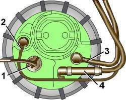 Расположение электрического разъема (1), трубок вспомогательной (2), подачи (3) и возврата (4) топлива
