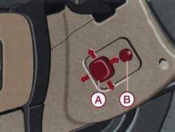 Расположение переключателя положения рулевой колонки (А) и кнопки (В) перемещения рулевой колонки вперед и вверх