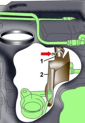 Крепление трубки (1) подачи топлива за фиксатор на соединительной плате (2) топливного бака