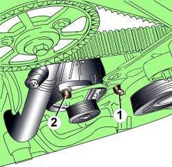 Расположение болтов (1 и 2) крепления генератора на автомобилях с шестицилиндровыми дизельными двигателями