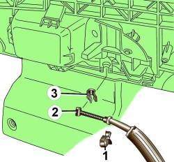 Расположение зажима (1) крепления тяги (2) внутренней ручки открытия двери и фиксатора (3) крепления внутренней ручки открытия двери