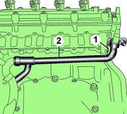Расположение болта (1) крепления средней трубы (2) системы охлаждения дизельного двигателя 3,3 л