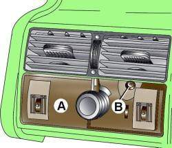 Расположение декоративной накладки (А), винтов (В) крепления задней вентиляционной решетки и выключателя обогревателя заднего сиденья