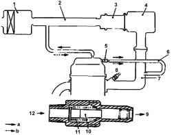 Расположение элементов системы вентиляции картера и направление потоков газов и свежего воздуха в двигателе DOHC