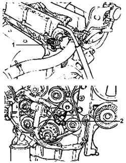 Расположение датчиков положения распределительного (1) и коленчатого (2) валов на двигателе DOHC