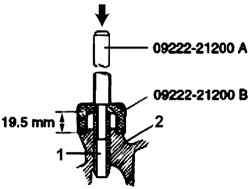 Использование специальных инструментов 09222– 21200 A и 09222– 21200 В для выпрессовки направляющей (1) клапана из головки (2) блока цилиндров