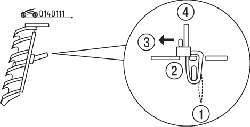 Использование фиксатора (4) ленты (2) для крепления кожуха облицовки радиатора (1) и направление (3) освобождения фиксатора