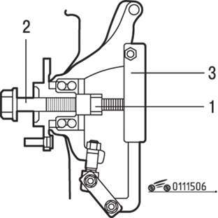 Использование специальных приспособлений МВ990998 (2), МВ 991056 или МВ 991355 (3) для снятия ступицы