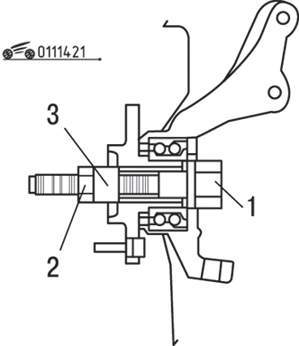 Установка в ступицу специального приспособления для измерения сопротивления вращению подшипника ступицы колеса со снятыми тормозными колодками