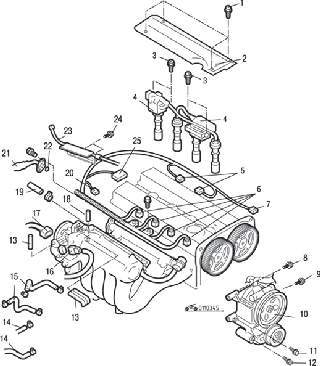 Подсоединение разъемов и шлангов к головке блока цилиндров двигателя DOHC
