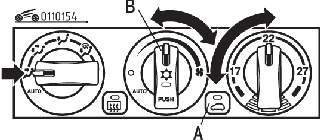 Расположение кнопок (А) выбора режима вентиляции, включения кондиционера (В) и положение ручек в режиме охлаждения