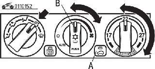 Расположение кнопок (А) выбора режима вентиляции, включения кондиционера (В) и положение ручек для устранения запотевания ветрового стекла и стекол дверей