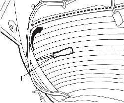 Место проведения шила (1) и направление срезания слоя клея при снятии заднего стекла