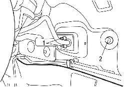 Расположение гаек (1) и болта (2) крепления элементов климатической установки к перегородке моторного отсека