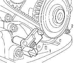 Расположение датчика (1) частоты вращения двигателя, болта (2) и магнитной дорожки (В) на шкиве коленчатого вала