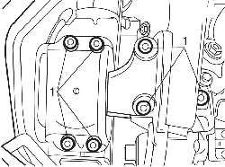 Расположение болтов (1) крепления правого кронштейна подвески двигателя (2)