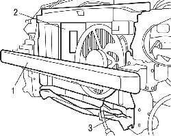 Расположение поперечины передней панели (1), кассеты охлаждения в сборе (2) вместе с радиатором и нижней поперечины (3) передней панели