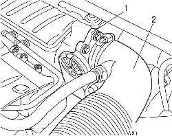 Расположение патрубка воздухозаборника (2) и дроссельного узла (1) на автомобилях с двигателями TU5JP4