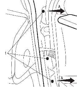 Расположение винтов (1) заднего крепления переднего крыла и направления (А) отсоединения крыла
