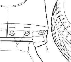 Расположение винтов (1) и фиксатора (2) нижнего крепления переднего крыла