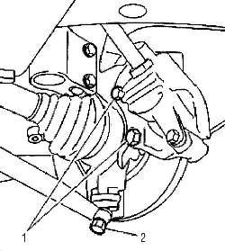 Расположение болтов крепления суппорта (1) и гайки (2) крепления цапфы шарового шарнира нижнего поперечного рычага к поворотному кулаку