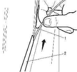 Проведение разрезной струны (1) под уплотнителем (2) ветрового стекла
