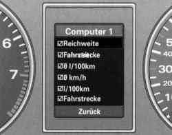 Меню Computer 1, выбрана строка «Reichweite» (запас хода по топливу)