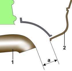Место измерения расстояния между выхлопной трубой глушителя (1) и задним бампером (2)
