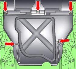 Расположение винтов крепления задней секции брызговика моторного отсека на автомобилях с шестицилиндровыми дизельными двигателями TDI