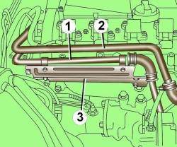 Расположение и крепление труб вентиляции картера (2), наддува воздуха (1) и термозащитного экрана (3)