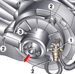 Расположение электрического разъема (1) двигателя вентилятора, винтов крепления (2) и направление перемещения при снятии вентилятора (3) отопителя