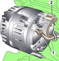 Расположение клеммы (1) и электрического разъема (2) для подсоединения проводов к генератору на четырехцилиндровых дизельных двигателях
